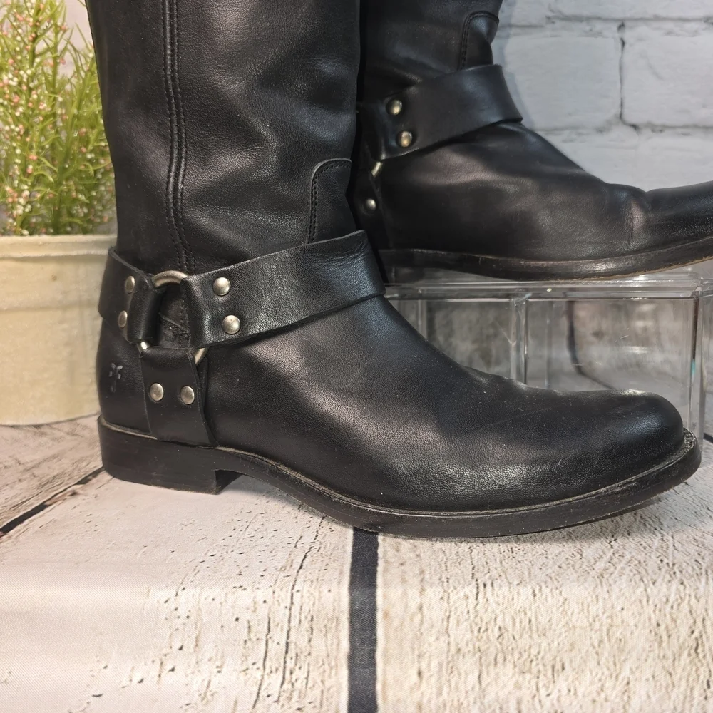 FRYE PHILLIP HARNESS TALL BLACK LEATHER BOOT FULL ZIP BIKER WOMENS 6 EUC